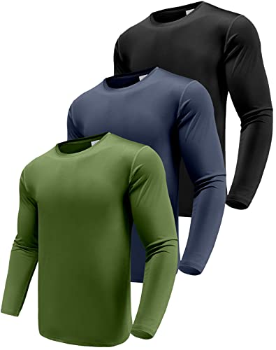 Herren 3er Pack Funktionsshirt Langarm-T-Shirts, UPF 50+ Sonnenschutz Shirts, Sportliche Workout-Shirts zum Laufen Black/Navy/Army Green-3P04-2XL
