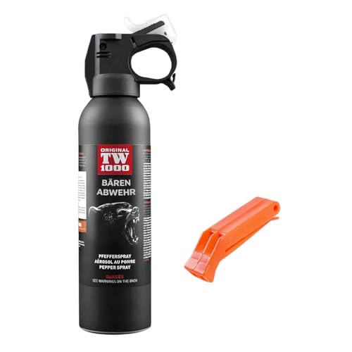 Pfefferspray Bear Defender TW1000 Bear Tierabwehrspray Bärenabwehrspray HOCHDOSIERT & EXTRA STARK 10 M REICHWEITE + Solas geprüfte NOT-Pfeife