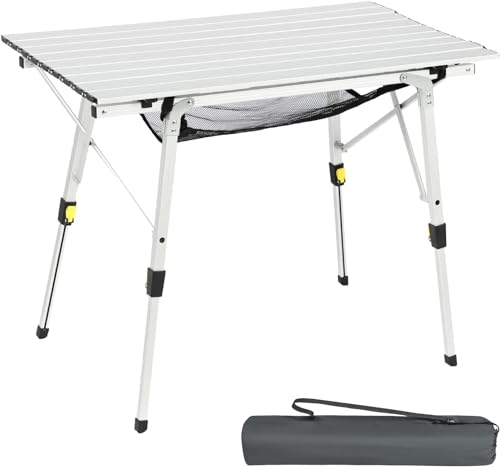 PORTAL Campingtisch faltbar Höhenverstellbar 45-70cm Klapptisch Aluminium 90 x 53cm rollbar Camping Tisch klappbarer Falttisch leicht Silver