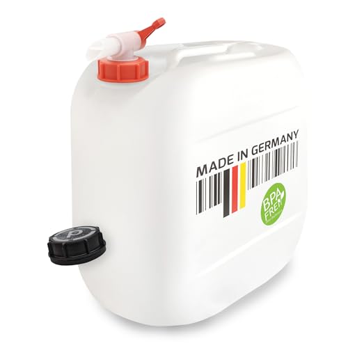 plasteo® 30 Liter Getränke- Wasserkanister Natur mit Schraubdeckel und Ausgießhahn (DIN 61) | Lebensmittelecht | Tragbar und Robust | Indoor und Outdoor | BPA Frei | Made in DE