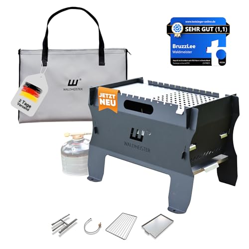 WALDMEISTER BruzzLee mobiler Gasgrill klein [Super-Set] Mini Plancha Grill | Campinggrill klein | Tischgrill | steckbar, leicht und tragbar - perfekt für unterwegs