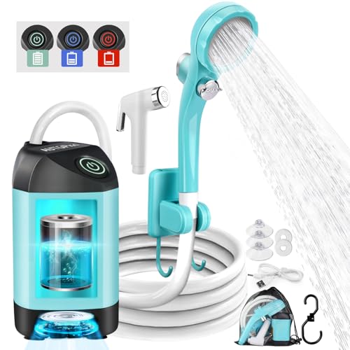 AUTOPkio Campingdusche mit Akku, Verbesserte Camping Dusche 4500mAh Wiederaufladbar Pumpe, IPX7 Wasserdicht für Camp, Outdoor, Wandern, Autowaschen, Haustier (Blau)