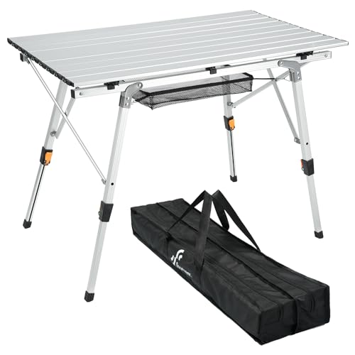 Sportneer Klapptisch Campingtisch für draußen:Tragbarer Picknicktisch mit Verstellbarer Höhe, Klappbarer Campingtisch mit aufrollbarer Aluminium Tischplatte zum Zelten Camping Garten Küche,Silber