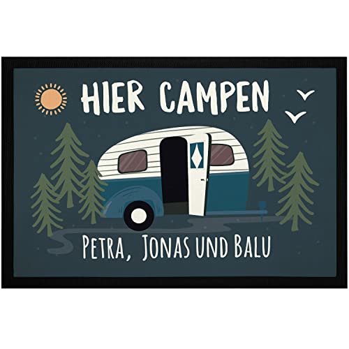 SpecialMe® Fußmatte Camping personalisiert Namen Familie Geschenke für Camper Wohnwagen rutschfest & waschbar schwarz 60x40cm