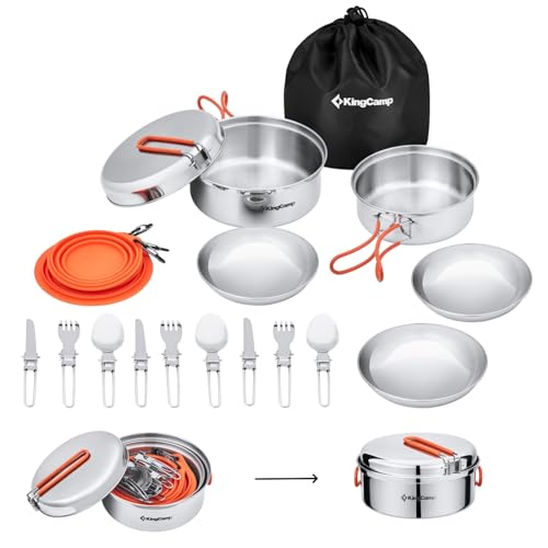 KingCamp Camping Kochgeschirr Set Kochset Geschirr Set Kochtopf aus Edelstahl für 3-4Person Outdoor Kochen Picknick Wandern