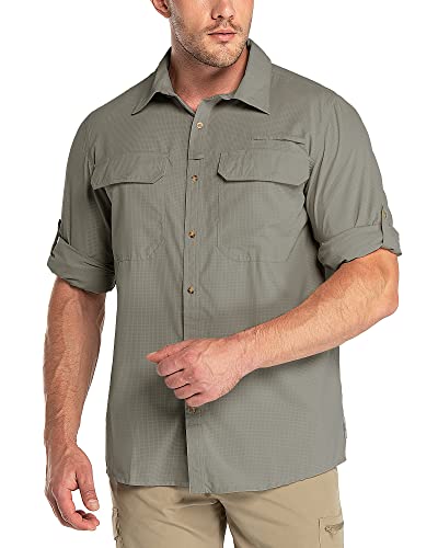 Outdoor Ventures Herren Langarm Hemd Outdoor Funktionshemd Schnelltrocknende Shirts Casual Freizeithemd Atmungsaktive Sportshemd Frühling Sommer Herbst mit Taschen für Wandern Camping Grüngrau L