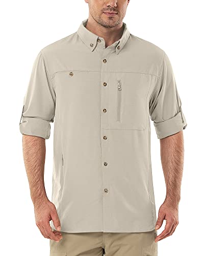 Herren Langarm Hemd Outdoor Hemd Männer Langarmhemd Schnelltrocknendes Leichtes Funktionshemd Atmungsaktive Shirts 50+ UV-Schutz mit Taschen Arbeitshemd für Angeln Laufen Wandern Camping Khaki L