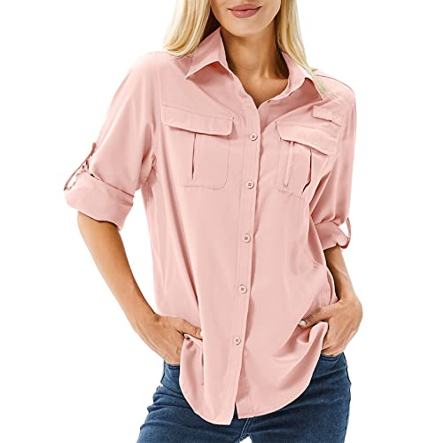 yeyity Hemd Damen UPF 50+ UV Schutz Langarmshirt Damen Outdoor Schnelltrocknend Sommer Shirts Safari Kleidung Wanderhemd Casual Button Down Tops(5071,Pink,M)