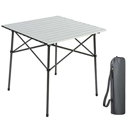 Portal Campingtisch, zusammenklappbar, aus Aluminium, quadratischer Tisch, Roll Up Top, 4 Personen, kompakter Gartentisch mit Transporttasche, für Picknick, Camp, Backyard BBQ, silberfarben