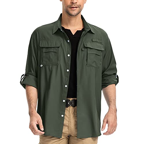 yeyity Herren Safari Hemd UPF50 UV Schutz Langarm Outdoor Hemd Casual Freizeithemden Schnelltrocknendes Funktionshemd für Wandern Angeln Reisen Trekking(5052,Amy Green,XL)