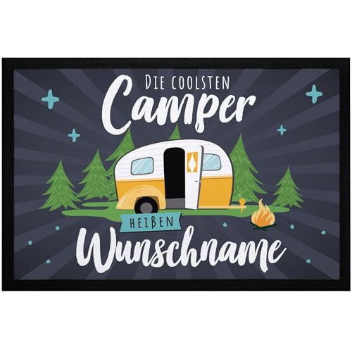 SpecialMe® Fußmatte Camping mit Spruch Die coolsten Camper heißen und personalisiert mit Name Wohnwagen blau schwarz 60x40cm