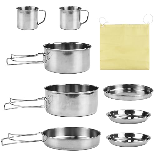 Kleemeiero Edelstahl Kochgeschirr Camping Topf Pfanne Set 8-teiligtes Camping Kochtopf Set Edelstahl Faltbar und Stapelbar Outdoor Kochset Campinggeschirr Pot Plate für Picknick Backpacking Wandern