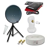 PremiumX Camping Satelliten-Komplettanlage 45cm Antenne Anthrazit SAT Single LNB Dreibein-Stativ Kabel HD TV Satelliten-Receiver