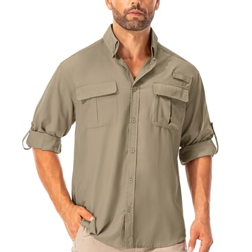 Asfixiado Hemd Herren Safari UPF50+ UV Schutz Wanderhemd Herren Langarm Funktionshemd Outdoorhemd Atmungsaktiv Schnelltrocknend Casual Button Down Shirts(Khaki L)