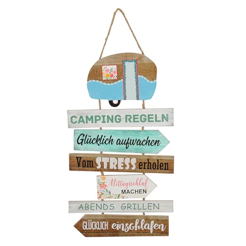 Dekoschild mit Camping Regeln - 62 x 35 cm - Deko Plankenschild zum aufhängen - Türschild Wanddeko Holzschild Spruch Tafel Richtungsweiser Wegweiser zum Hängen