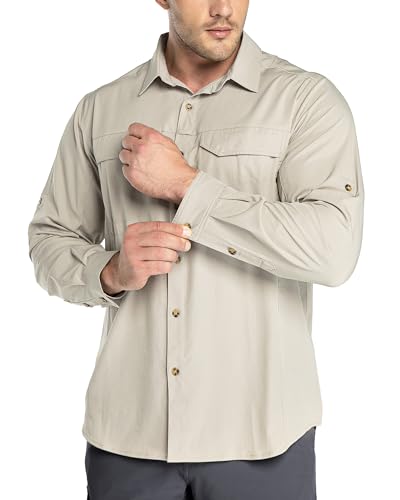 Outdoor Ventures Hemd Herren Freizeithemd Langarm Outdoor Shirt Atmungsaktive Schnell Trocknende Funktionshemd, Männer Frühling Sommer UV-Schutz Sportshirt Khaki L