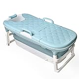 Edaygo Badewanne Wanne Sitzbadewanne Faltbar, Mit Abdeckung, Mit Kopfstütze und Massagerollen, 138 x 62 x 52 cm, Türkis-Weiß