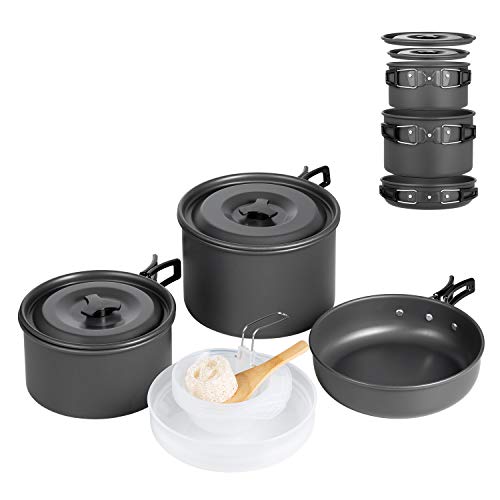 Ahsado Camping Geschirr Set, Outdoor Kochgeschirr Töpfen, Leicht Aluminium Edelstahl Campinggeschirr, Faltbare Campingtöpfe für 3-4 Personen