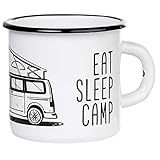 MUGSY I Emaille Tasse Eat Sleep Camp Explore Drive Repeat in Weiß, 330 ml, Camping Tasse mit Spruch I Campervan Motiv