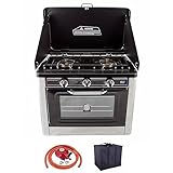 CO-01 Gaskocher 2 flammig Campingkocher mit Gas Backofen mit Deckel Gasgrill Gasherd Ofen inkl. Gasschlauch-Regler Set