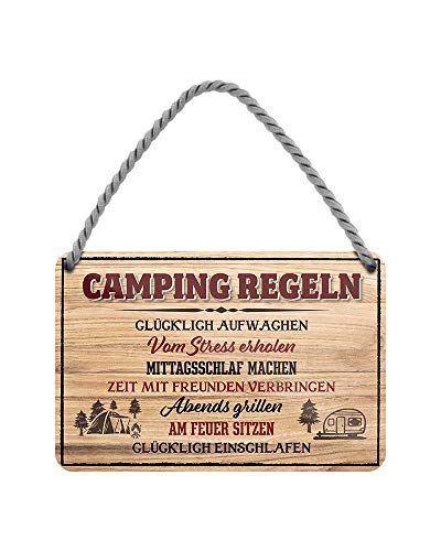 Camping Regeln - witziges Retro Deko Metallschild mit Kordel und Saugnapf - Dekoration Wohnwagen Wohnmobil Camper Caravan Campingwagen Reisemobil - Geschenkidee für Camper - 18x12cm