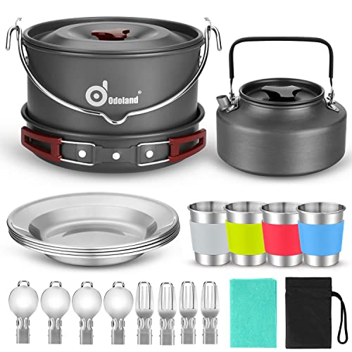 Odoland Camping Geschirr Set, Kochgeschirr 22-teiliges, 4L Faltbare Kochtopf 1.6 L, Teekessel 1.5 L Pfanne für Outdoor Kochen Picknick Wandern 4 Personen