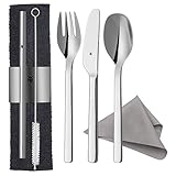 WMF my2Go, Edelstahl, Besteck Set 8-teilig, Outdoor Reisebesteck Set 1 Person, Campingbesteck mit Etui, Wanderbesteck umweltfreundlich, Strohhalm, Reinigungsbürste, Geschenk