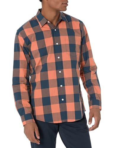 Amazon Essentials Herren Lässiges langärmeliges Popeline-Hemd normale Passform, Marineblau Orange Büffel, XL