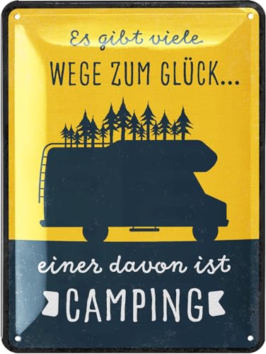 LANOLU Retro Blechschild CAMPING WEGE ZUM GLÜCK Schild, Camper Geschenke für Wohnmobilfahrer als lustige Wohnwagen Deko, Camping Regeln Deko Wohnwagen, Metallschild in Holz Optik 15x20 cm