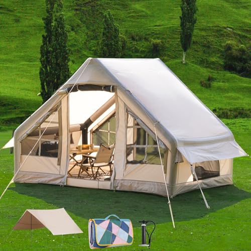 Aufblasbares Campingzelt mit Vordach, Hüttenzelt, 4-6 Personen Glamping Zelte Sonnenunterstand, einfacher Aufbau wasserdichte Outdoor Oxford Zelte, aufblasbares Hauszelt mit Picknickdecke (ICTENT-L)