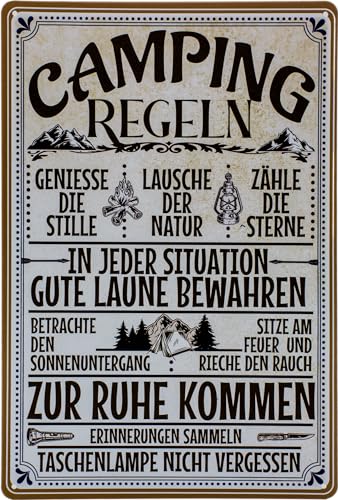 30 x 20 cm Blechschild - Camping Regeln - lustiger Spruch, Deko Schild, Lebensweisheit, Camping-Platz und Zeltplatz Regeln