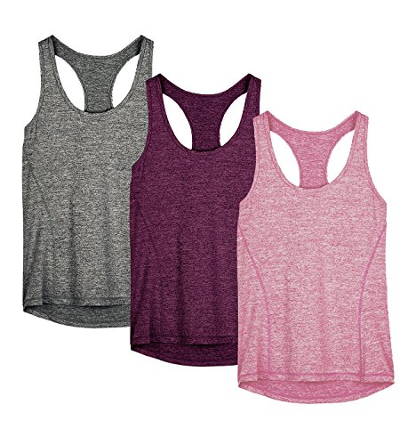 icyzone Damen Sporttop Yoga Tank Top Ringerrücken Oberteil Laufen Fitness Funktions Shirt, 3er Pack (L, Charcoal/Red Bud/Pink)