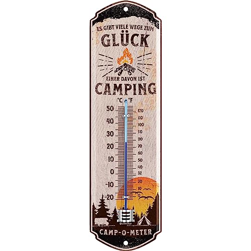 LANOLU Retro Blechschild CAMPING THERMOTER - Camper Geschenke für Wohnmobilfahrer lustige Wohnwagen Deko vintage Garten Deko Zeltplatz 8x28cm