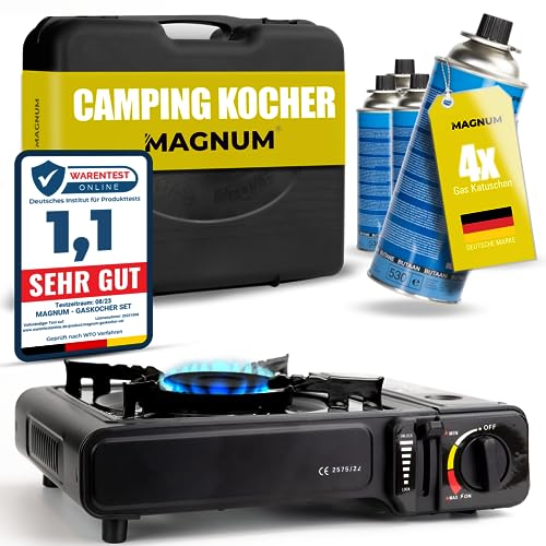 Magnum Gaskocher inkl. 4 Gaskartuschen - robuster Campingkocher mit Gaskartusche – Gaskocher mit Kartusche 1-flammig – Campingkocher stufenlos regulierbar mit Piezozündung