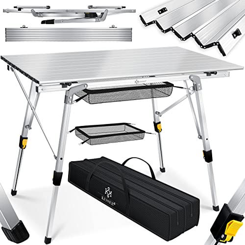 KESSER® Campingtisch faltbar Klapptisch mit Aluminiumrahmen Aufrollbare Tischplatte Falttisch klappbar Höhenverstellung inkl. Tragetasche mit Trageband 90 x 53cm - bis 30 kg, Silber