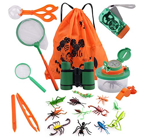 COSORO Kinder Fernglas 18 Stück Kids Adventurer Outdoor Explorer Set mit Bug Catcher Pinzette Insect Viewer Kompass Lupe & Schmetterlingsnetz für Camping