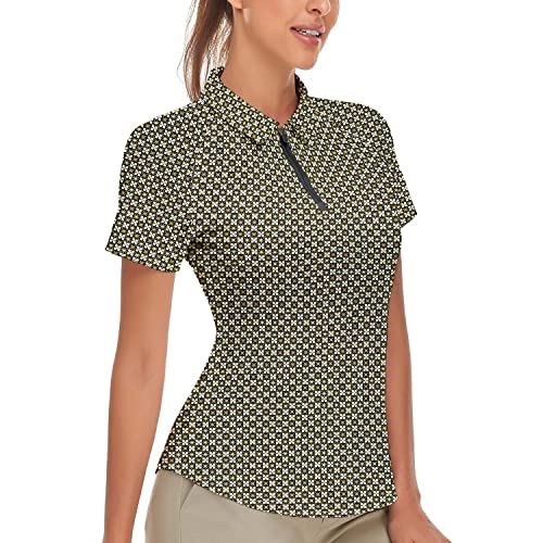 Soneven Damen Golf Poloshirt Leichtes Sportshirt Tailliert Karierte Bluse UPF 50+ Kurzarm 1/4 Reißverschluss Schnelltrocknend für Golf Tennis