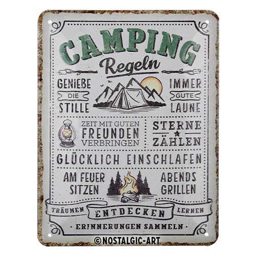Nostalgic-Art Retro Blechschild, 15 x 20 cm, Camping-Regeln – Geschenk-Idee für Camping-Fans, aus Metall, Vintage Design mit Spruch