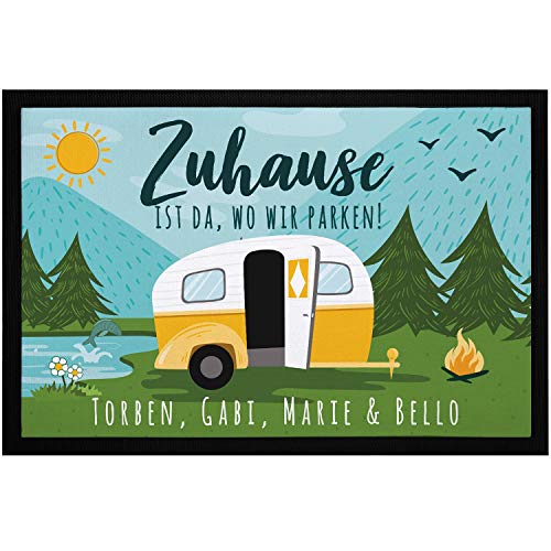 SpecialMe Fußmatte Familie personalisiert mit Namen Zuhause ist da wo wir parken Camping Wohnwagen rutschfest & waschbar schwarz 60x40cm