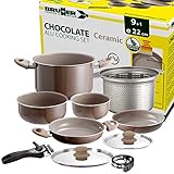 Brunner: Camping Kochgeschirr Keramik Topfset (Töpfe und Pfannen) - 9+1 teilig ø 22 cm Chocolate - 4 Personen, Stapelbar, Antihaft, Leicht, Hochwertig