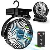 Simpeak 8000mAh Camping Ventilator Tischventilator, Mini USB Ventilator leise, Clip Fan mit Fernbedienung und LED Licht [3 Geschwindigkeit] [720° Drehung] - Schwarz