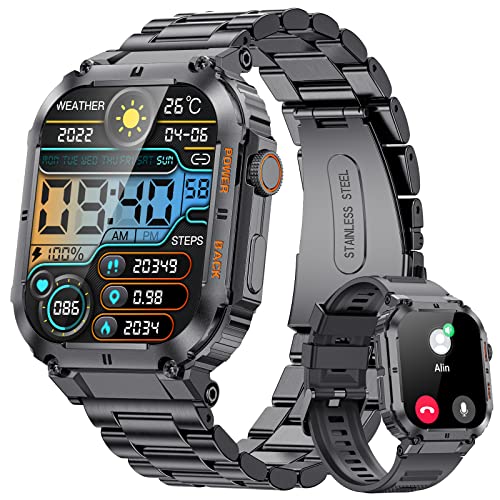 Smartwatch Herren Militärische mit Telefonfunktion,1.96'' HD Touchscreen,100+ Sportmodi Aktivitätstracker mit Herzfrequenz/SpO2/Schlafmonitor/Schrittzähler,400mah Sportuhr,5ATM Wasserdicht Schwarz