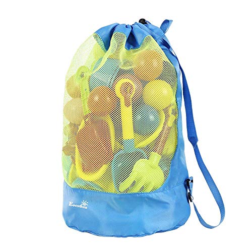 Strandspielzeug Tasche Strandtasche Mesh Beach Bag EocuSun für Sandspielzeug Wasserspielzeug Rücksack Beutel für kleinkind Kinder Jungen Mädchen Badetasche XL groß für Familie Urlaub (blue)