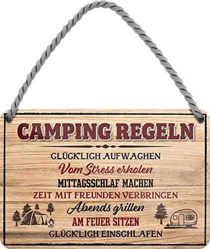 WOGEKA ART Retro Blechschild - Camping Regeln: Glücklich aufwachen - witziger Spruch als Geschenk-Idee zum Geburtstag Weihnachten zur Dekoration 18x12 cm Vintage-Design Hänge-Schild aus Metall HS485