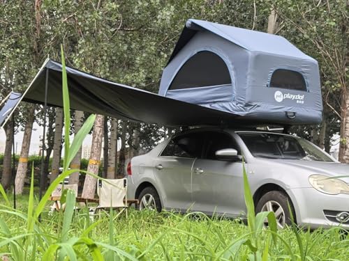 TentHome Dachzelt Aufblasbar Auto 2 Personen Autodachzelt Einfacher Aufbau Outdoor-Glamping-Camping Zelt für SUV, LKW und Universal-Autozelt Grau mit 90° Markise