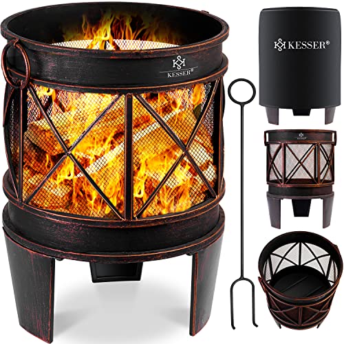 KESSER® Feuerschale Inkl. Abdeckung Feuerkorb mit Funkenschutz & Griffen + Schürhaken Feuerstelle 58 x 45 cm für Garten & Terrasse Metall Antik-Rost-Optik Multifunktional Fire Pit Heizung BBQ braun