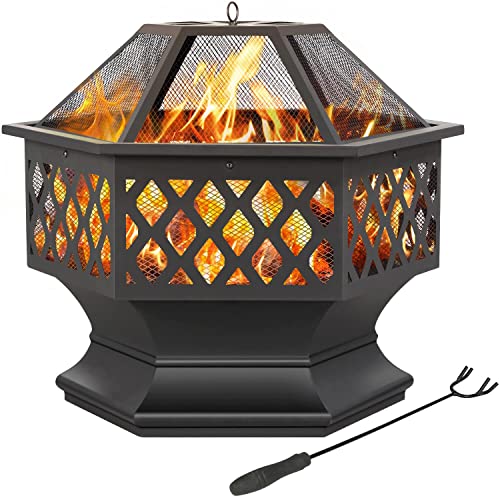 Yaheetech Ø 60,5 cm Feuerschale mit Funkenschutz, Sechseckige Feuerstelle, Multifunktional Feuerkorb, Fire Pit, Feuerschalen für den Garten, Winter Heizung, Terrasse, Lagerfeuer und Camping