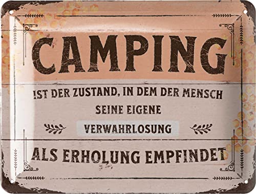 LANOLU Retro Blechschild CAMPING IST ERHOLUNG, Camper Geschenke für Wohnmobilfahrer als lustige Wohnwagen Deko, Camping Regeln Deko Wohnwagen, Metallschild in Holz Optik 15x20 cm